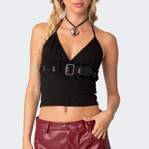 Edikted Black Halter Crop Top with Buckle